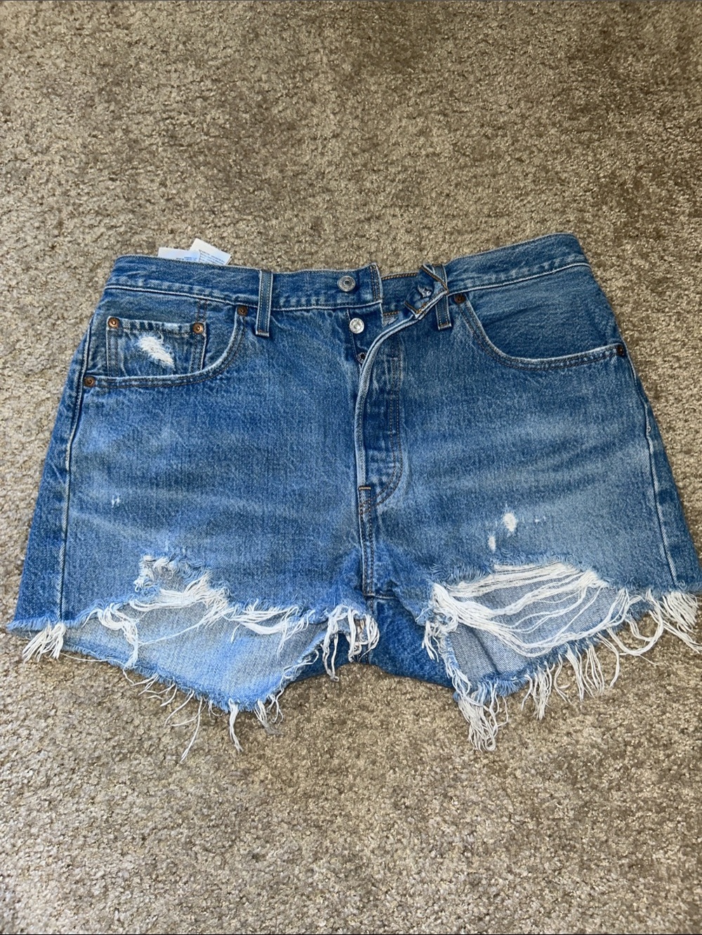 Levi's 501 Blue Distressed Frayed Denim Shorts